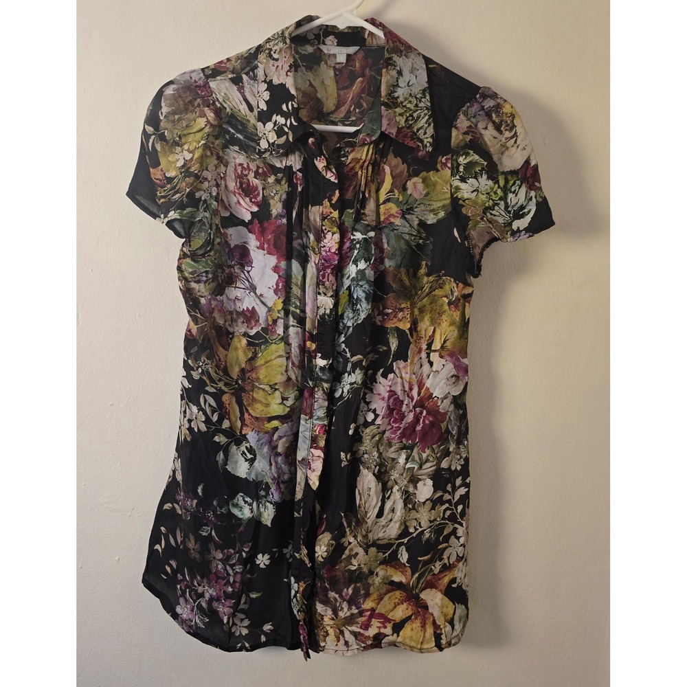 Marittimo Blouse Womens Small Black Floral Top Short Sleeve Button Down